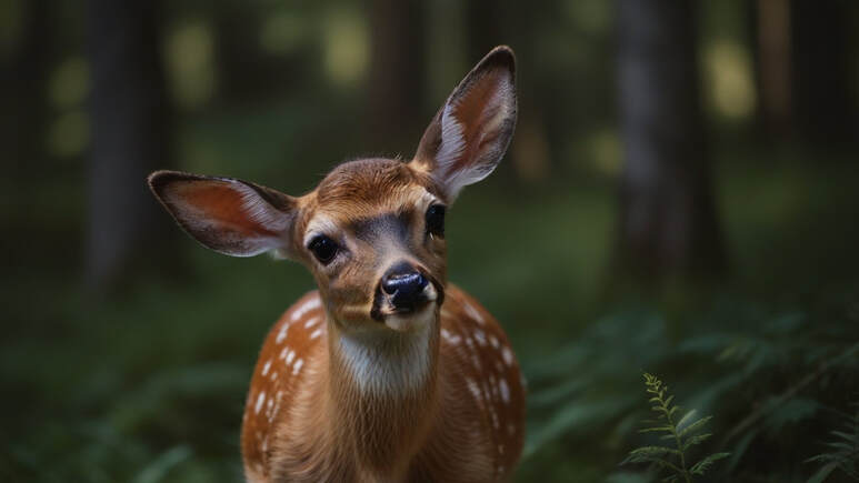 Speckled fawn in green forest