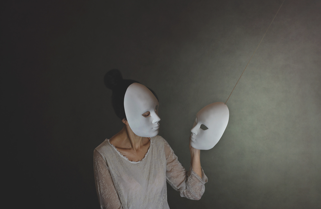 Woman with masks multiple personality
