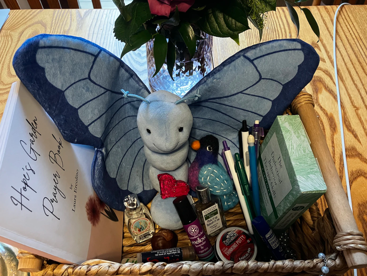 Blue butterfly prayer book essential oil soothing basket